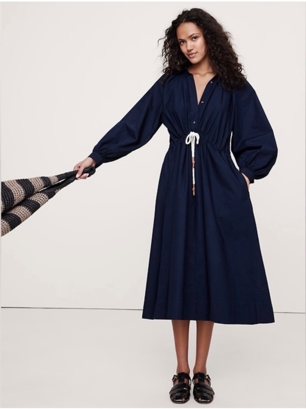 Banana Republic Navy Drawstring Waist Midi Dress Cotton Oversized